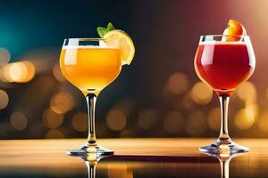 twee bril van verschillend gekleurde drankjes Aan een tafel. ai-gegenereerd foto