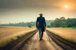 een Mens in een pak wandelen naar beneden een aarde weg. ai-gegenereerd foto