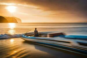 een Mens is zittend in een boot Aan de strand Bij zonsondergang. ai-gegenereerd foto