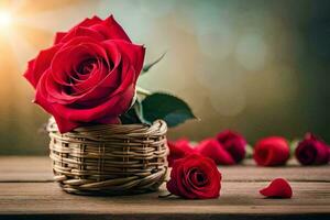 rood rozen in een mand Aan een houten tafel. ai-gegenereerd foto