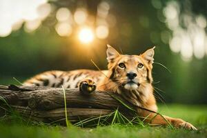 een tijger houdende Aan een log in de gras. ai-gegenereerd foto