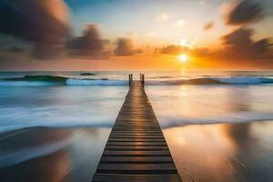 een houten pier strekt zich uit uit in de oceaan Bij zonsondergang. ai-gegenereerd foto