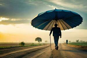 een Mens wandelen naar beneden een aarde weg met een paraplu. ai-gegenereerd foto