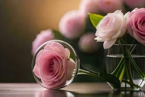 roze rozen in een glas vaas Aan een tafel. ai-gegenereerd foto