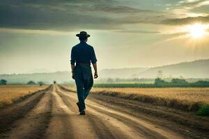 een Mens in een cowboy hoed wandelingen naar beneden een aarde weg. ai-gegenereerd foto