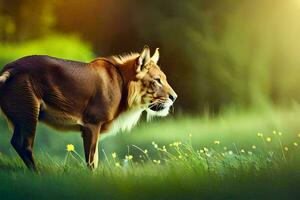 een leeuw is staand in de gras. ai-gegenereerd foto