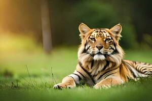 een tijger houdende in de gras. ai-gegenereerd foto