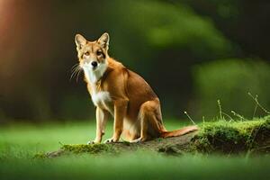 een hond zittend Aan een rots in de gras. ai-gegenereerd foto