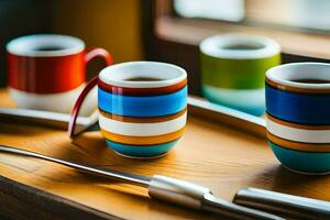 kleurrijk koffie cups Aan een dienblad. ai-gegenereerd foto