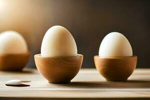 drie eieren in houten ei cups Aan een tafel. ai-gegenereerd foto