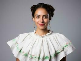 glimlachen jong vrouw van Mexicaans afdaling gekleed in elegant jurk Aan grijs achtergrond ai generatief foto