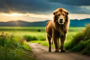 een leeuw wandelen Aan een aarde weg in de midden- van een veld. ai-gegenereerd foto
