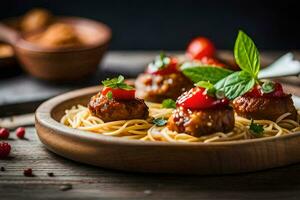 spaghetti met gehaktballen en tomaat saus Aan een houten bord. ai-gegenereerd foto