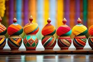 kleurrijk houten vazen met kleurrijk ontwerpen. ai-gegenereerd foto