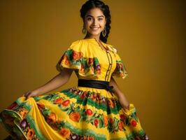 glimlachen jong vrouw van Mexicaans afdaling gekleed in elegant jurk Aan grijs achtergrond ai generatief foto