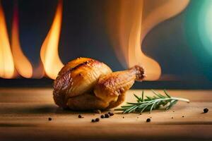 een kip Aan een houten tafel met een vlam in de achtergrond. ai-gegenereerd foto