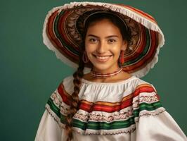 glimlachen jong vrouw van Mexicaans afdaling gekleed in elegant jurk Aan grijs achtergrond ai generatief foto