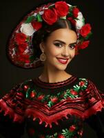 glimlachen jong vrouw van Mexicaans afdaling gekleed in elegant jurk Aan grijs achtergrond ai generatief foto