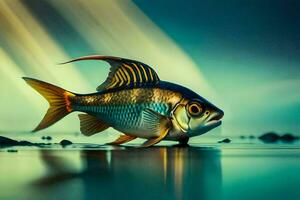 een vis is staand Aan de water met een helder licht. ai-gegenereerd foto