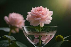 roze rozen in een glas met bladeren. ai-gegenereerd foto