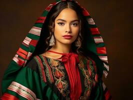 glimlachen jong vrouw van Mexicaans afdaling gekleed in elegant jurk Aan grijs achtergrond ai generatief foto