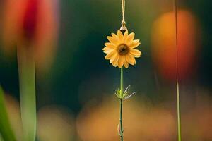 een geel bloem is hangende van een snaar. ai-gegenereerd foto