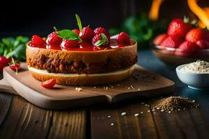 een taart met aardbeien en room Aan een houten bord. ai-gegenereerd foto