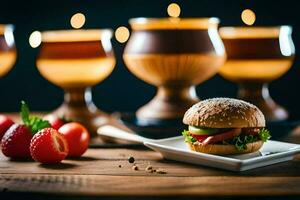 een Hamburger en sommige aardbeien Aan een tafel. ai-gegenereerd foto