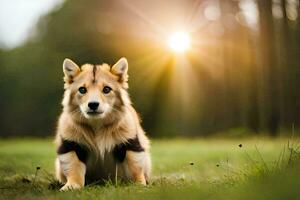 een hond zittend in de gras met de zon achter het. ai-gegenereerd foto