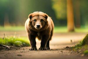 een bruin beer wandelen Aan een aarde weg. ai-gegenereerd foto