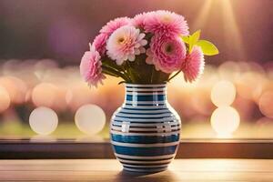 roze bloemen in een vaas Aan een tafel in voorkant van een venster. ai-gegenereerd foto