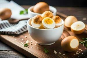 moeilijk gekookt eieren in een kom Aan een snijdend bord. ai-gegenereerd foto