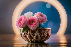 roze bloemen in een vaas Aan een tafel. ai-gegenereerd foto