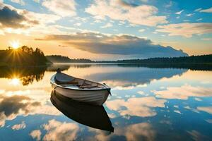 een boot Aan een meer Bij zonsondergang. ai-gegenereerd foto