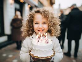 kind blazen uit de kaarsen Aan hun verjaardag taart ai generatief foto