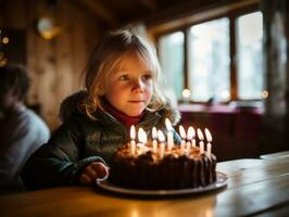 kind blazen uit de kaarsen Aan hun verjaardag taart ai generatief foto