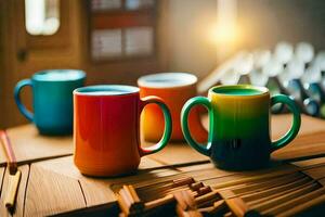 kleurrijk koffie mokken Aan een houten tafel. ai-gegenereerd foto