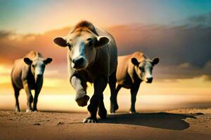 drie koeien wandelen Aan een aarde weg Bij zonsondergang. ai-gegenereerd foto