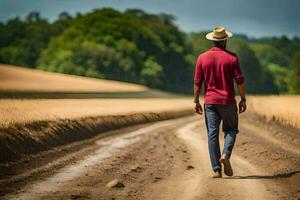 een Mens wandelen naar beneden een aarde weg in de midden- van een veld. ai-gegenereerd foto