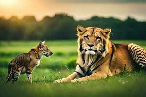 een tijger en een welp in de gras. ai-gegenereerd foto