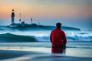 een Mens zittend Aan de strand aan het kijken de golven. ai-gegenereerd foto