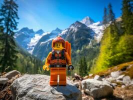 Lego karakter verkennen een episch Lego wereld ai generatief foto