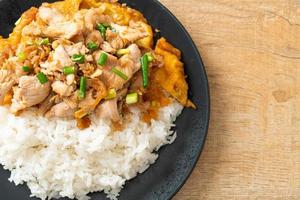 roergebakken varkensvlees met knoflook en ei gegarneerd op rijst - Aziatische stijl food