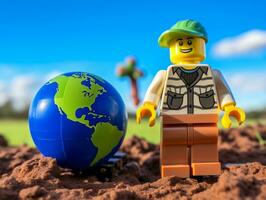 Lego karakter verkennen een episch Lego wereld ai generatief foto