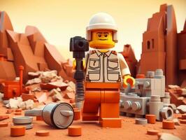 Lego karakter verkennen een episch Lego wereld ai generatief foto