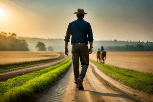 een Mens wandelen naar beneden een aarde weg met paarden. ai-gegenereerd foto