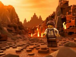 Lego karakter verkennen een episch Lego wereld ai generatief foto