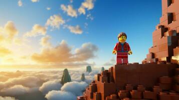 Lego karakter verkennen een episch Lego wereld ai generatief foto