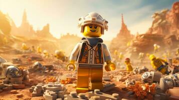 Lego karakter verkennen een episch Lego wereld ai generatief foto