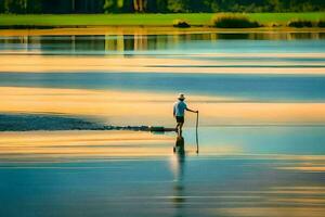 een Mens is staand Aan de water met een peddelen. ai-gegenereerd foto